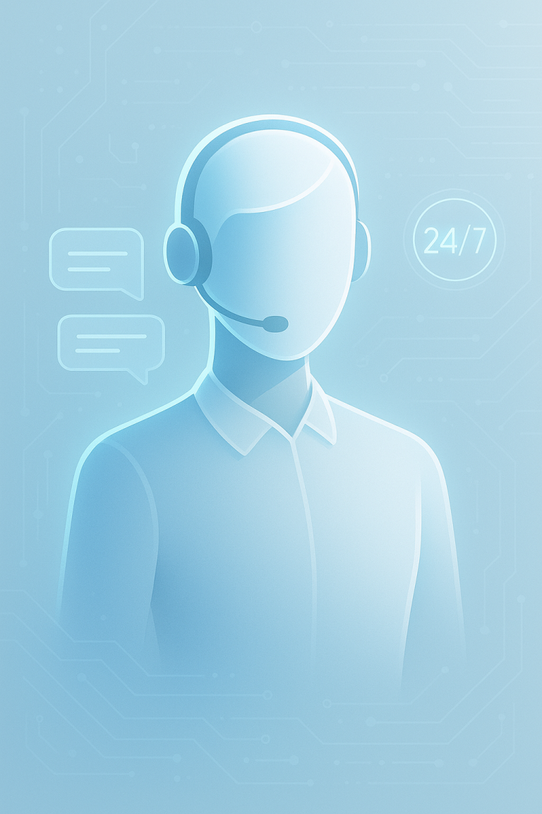 Ilustración futurista de un agente de soporte IA con auriculares, disponible 24/7 para resolver dudas y tickets.