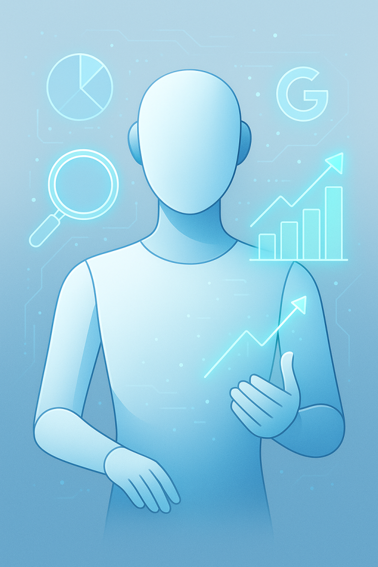Ilustración futurista de un agente IA con gráficos de crecimiento y lupa, enfocado en SEO.