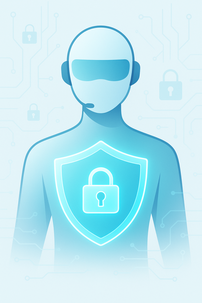 Ilustración futurista de un agente IA con escudo digital y candado brillante, representando protección web.