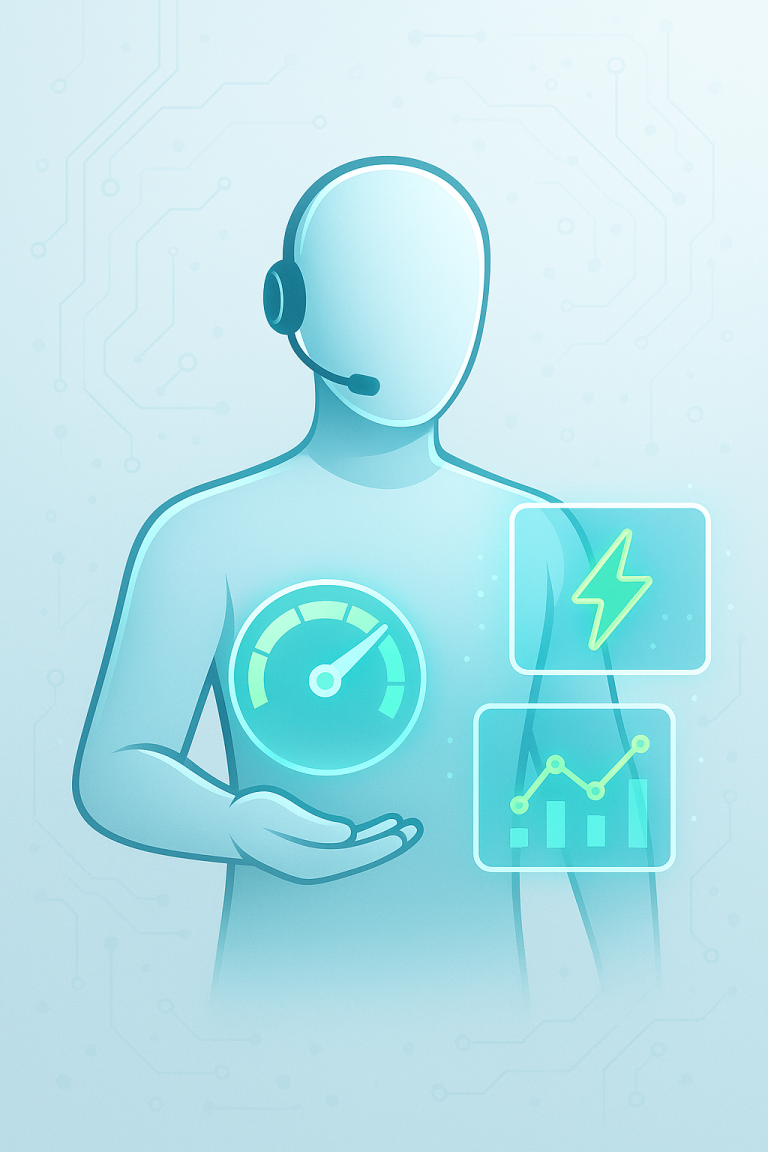 Ilustración futurista de un agente IA con velocímetro y gráficos de optimización, representando rendimiento web.